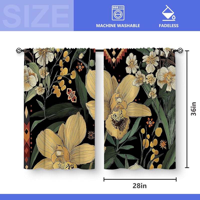Aimego Boho Floral Kitchen Curtains - Rustic Small Short Cafe Tier Curtains for Living Room Rod Pocket Window Drapes 36 Inch Length 2 Panels Set 28"x36" - Image 3